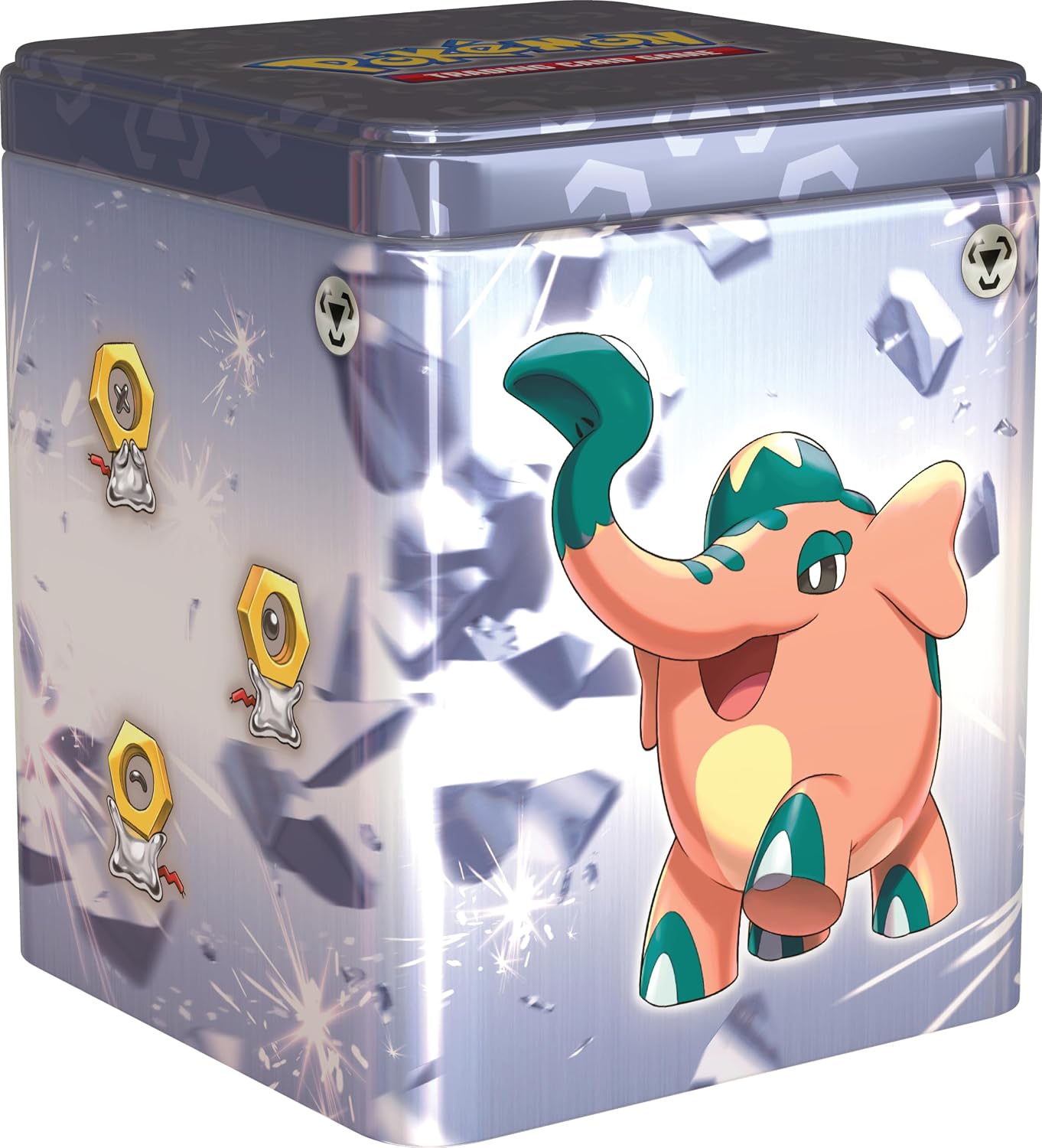 Pokémon TCG: Scatola di latta impilabile in metallo (3 buste e 2 fogli di adesivi)