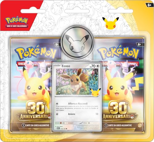 Pokémon: confezione da due buste dell’espansione 30° Anniversario del GCC Pokémon (1 carta olografica, 1 moneta e 2 buste di espansione), Edizione in Italiano